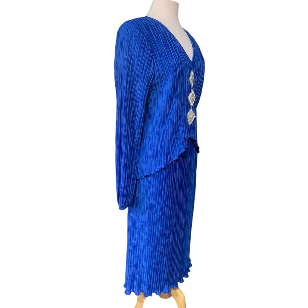 ❤️Vintage After Dark blue pleated v neck dress with beaded diamonds size 13/14 - Picture 5 of 9